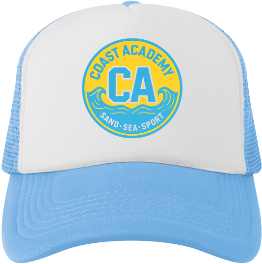 White and light blue trucker cap featuring a circular logo with "Coast Academy," "CA," and the phrase "Sand Sea Sport." Ideal for coastal activities.