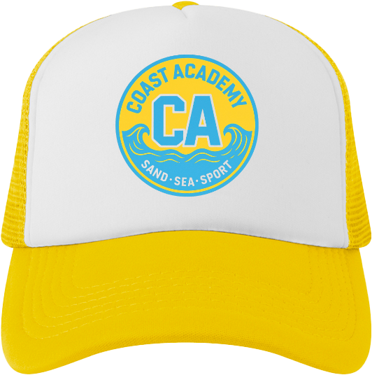 White and yellow trucker hat featuring a circular "Coast Academy" logo, highlighting "CA" and ocean waves, representing beach sports and activities.