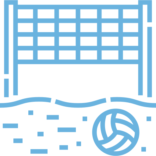 Volleyball court featuring a net and a ball, illustrating the setup for a volleyball game, relevant for sports event discussions.
