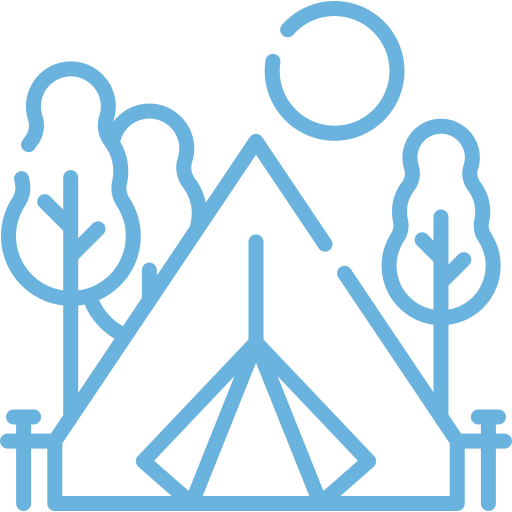 A minimalist illustration of a tent surrounded by trees, with a sun overhead, representing outdoor camping and nature experiences.