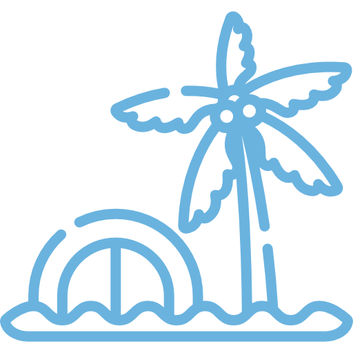 Palm tree beside a floating inner tube on a beach, symbolizing relaxation and summer fun. Ideal for vacation or travel-related content.